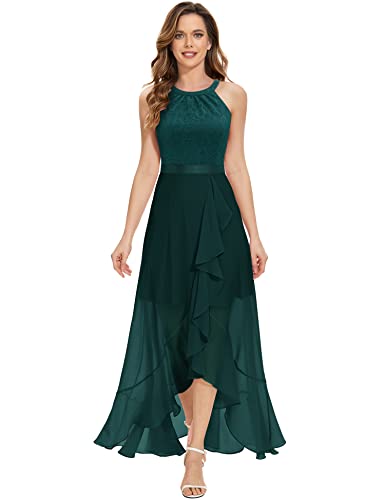 Dressystar Damen Elegant Abendkleider Spitzenkleid Maxi Lang Cocktailkleid Elegant für Hochzeit Rüschen Saum Dunkelgrün L von Dressystar