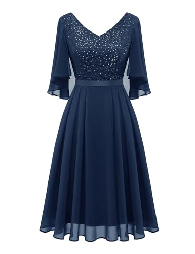 Dressystar Damen Elegant Cocktailkleid V-Ausschnitt Spitzenkleid Pailletten Knielang Partykleider Chiffon Federmausärmel Marineblau L von Dressystar