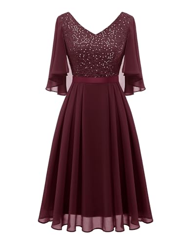 Dressystar Damen Elegant Cocktailkleid V-Ausschnitt Spitzenkleid mit Pailletten Knielang A-Linie Party Abendkleider Burgunderrot M von Dressystar