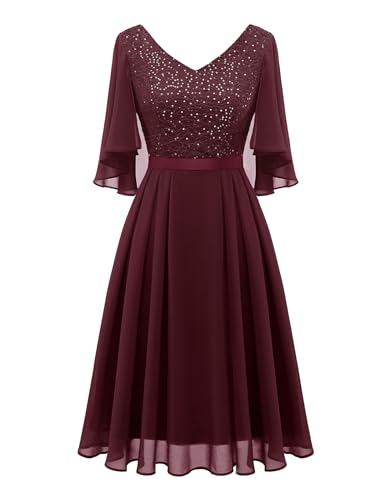 Dressystar Damen Elegant Cocktailkleid V-Ausschnitt Spitzenkleid mit Pailletten Knielang A-Linie Party Abendkleider Burgunderrot S von Dressystar