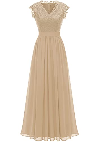 Dressystar Damen Spitzenkleid Brautjungfer Kleid Lang Chiffon Abendkleid Party Festlich Cocktailkleid Sommerkleid Champagner XL von Dressystar