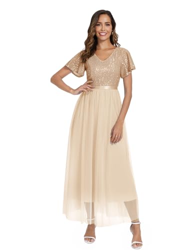 Dressystar Damen Elegant Maxikleid Pailletten Tüll Abendkleid V Ausschnitt Ballkleid Lang mit Ärmeln Champagner XL von Dressystar