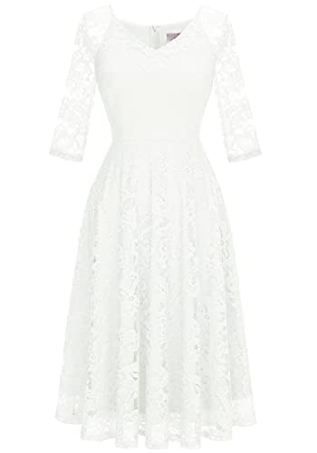 Dressystar Damen Abendkleider Elegant für Hochzeit Cocktailkleid Lang Ärmel Standesamtkleid Weiß L von Dressystar