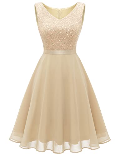 Dressystar Damen Elegant Paillettenkleid Kurz Ballkleid Cocktailkleid Hochzeit Party Brautjungfernkleid Ärmellos Champagner L von Dressystar