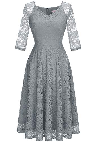 Dressystar Damen Elegant Spitzenkleid V-Ausschnitt Cocktailkleid Midi Abendkleid mit Ärmeln Grau 3XL von Dressystar