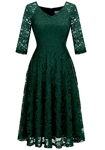 Dressystar Damen Elegant Spitzenkleid 3/4 Ärmel Hochzeit Party A-Linie Abendkleid Cocktailkleid Dunkelgrün 3XL von Dressystar