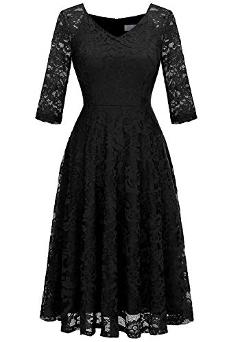 Dressystar Damen Elegant Spitzenkleid 3/4 Ärmel Party Midi Abschlusskleider Kurz Cocktailkleid Schwarz M von Dressystar