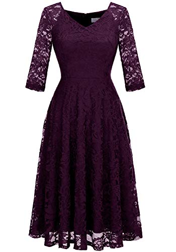 Dressystar Damen Elegant Spitzenkleid Lang Ärmel Hochzeit Festlich Midi Ballkleider Cocktailkleid Traube XL von Dressystar