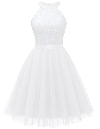 Dressystar Damen Elegant Tüllkleid Hochzeit Kurz Pailletten Tüll Cocktail Party Kleid Weiß L von Dressystar