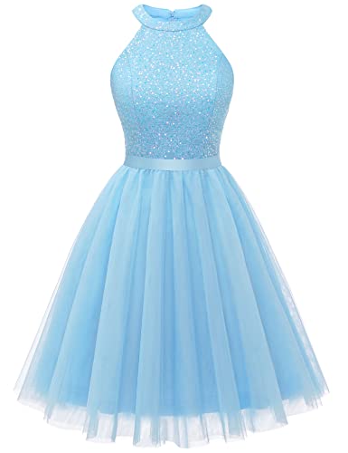 Dressystar Damen Elegant Tüllkleid Paillette Cocktailkleid Party Kleid Knielang Hochzeitsgast Ballkleid Blau XXL von Dressystar