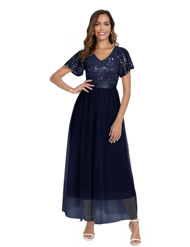 Dressystar Damen Elegant V Ausschnitt Abendkleider Lang Abiballkleid Hochzeit Brautjungfer Kleid mit Pailletten Marineblau L von Dressystar