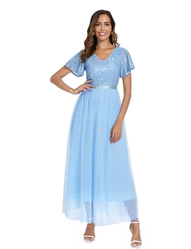 Dressystar Damen Elegant V-Ausschnitt Ballkleid Kurze Ärmel Gliter Abendkleider Paillettenkleid Lang Blau M von Dressystar