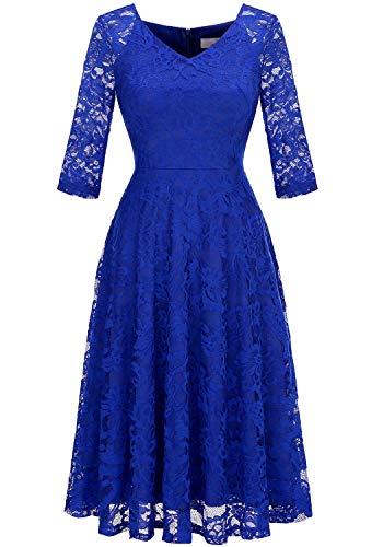 Dressystar Damen Festlich Spitzenkleid V-Ausschnitt Ärmel Hochzeit Party Midi Abendkleid Royalblau L von Dressystar