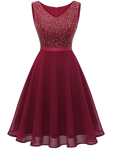 Dressystar Damen Festliche Kleider für Hochzeit Kurz Brautjungfernkleider Ärmellos Cocktailkleid Weihnachten Silvester Dunkelrot XL von Dressystar