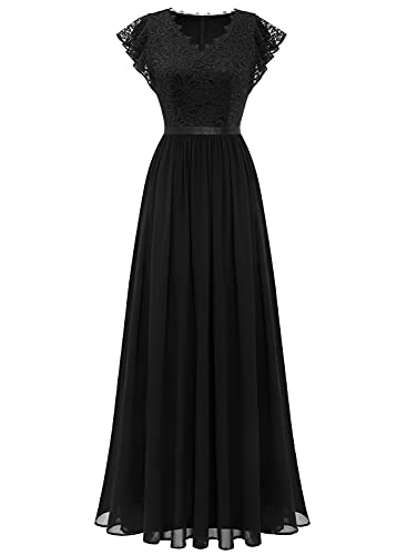 Dressystar Damen Floral Spitze Elegant Abendkleider Maxi Lang Chiffon Cocktailkleid Ballkleider Schwarz L von Dressystar