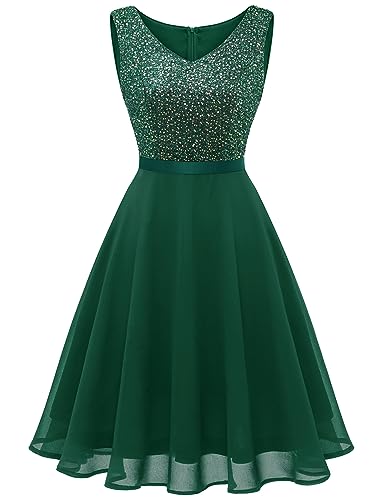 Dressystar Damen Gliter Pailletten Cocktailkleid Knielang V Ausschnitt Abschlussball A-Linien Hochzeit Gast Kleid Dunkelgrün M von Dressystar