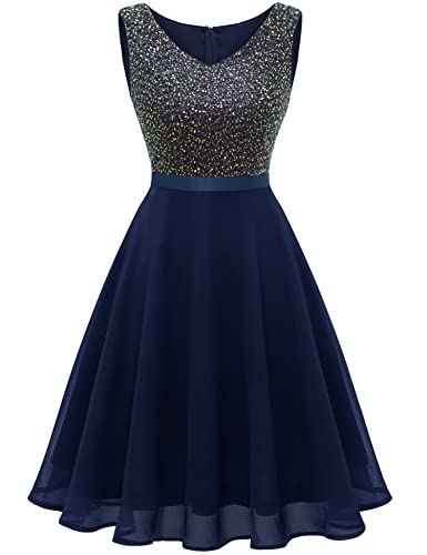 Dressystar Damen Gliter Pailletten Cocktailkleid Knielang V Ausschnitt Abschlussball A-Linien Hochzeit Gast Kleid Marineblau L von Dressystar