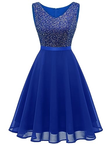 Dressystar Damen Gliter Pailletten Cocktailkleid Knielang V Ausschnitt Abschlussball A-Linien Hochzeit Gast Kleid Royalblau M von Dressystar