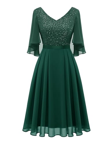 Dressystar Damen Glitzer Kleid Elegant Hochzeit Cocktailkleid mit Pailletten Chiffon Ärmel Festlich Abendkleid Knielang Dunkelgrün S von Dressystar