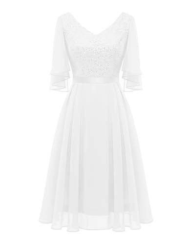 Dressystar Damen Hochzeitskleid A Linie Glitzer Kleid Damen Party Pailletten Schalärmel V-Ausschnitt Kurz Brautkleider Hochzeit Weiß L von Dressystar