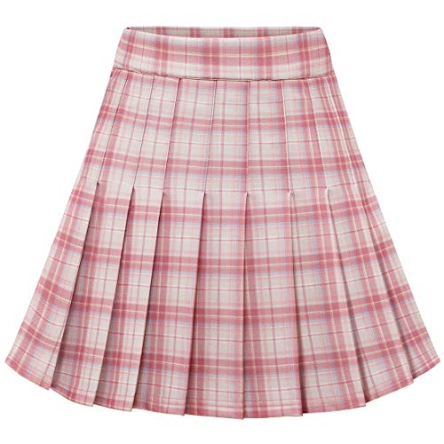 Dressystar Damen Kariert Faltenrock Schulmädchen Basic Karo Tartan Mini Gefaltet Rock Rosa Weiß Plaid L von Dressystar