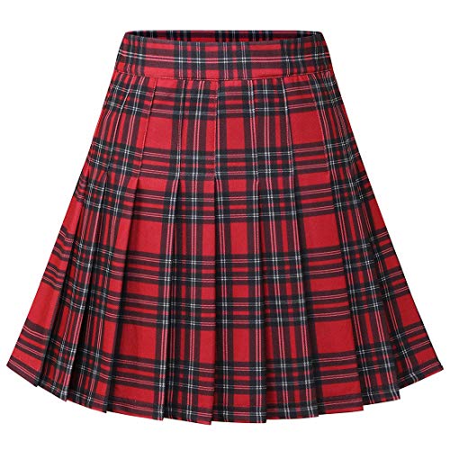 Dressystar Damen Kariert Faltenrock Schulmädchen Basic Karo Tartan Mini Gefaltet Rock Rot Schwarz Plaid L von Dressystar