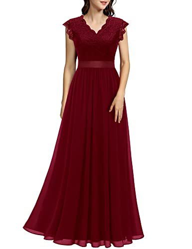 Dressystar Damen Lang Ballkleid Spitze Chiffon V Ausschnitt Maxilang Abendkleid Elegant für Hochzeit Cocktailkeider Dunkelrot XL von Dressystar