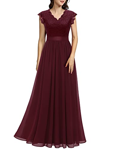 Dressystar Damen Maxi Abendkleid Lang Elegant für Hochzeit Spitze Chiffon Bodenlang Ballkleider Cocktailkeider Burgundy L von Dressystar