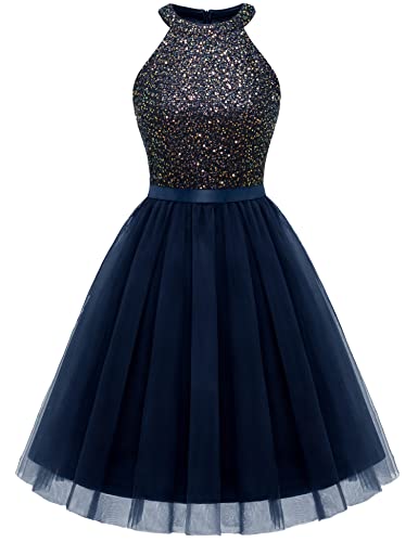 Dressystar Damen Neckholder Kleid Festlich Party Paillettenkleid Kurz Cocktailkleid Marineblau L von Dressystar