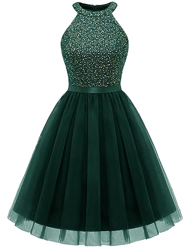 Dressystar Damen Neckholder Kleid Pailletten Ballkleid Festlich Party Cocktailkleid Kurz Dunkelgrün M von Dressystar