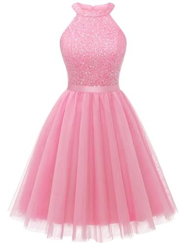 Dressystar Damen Neckholder Kleid Pailletten Ballkleid Festlich Party Cocktailkleid Kurz Rosa L von Dressystar