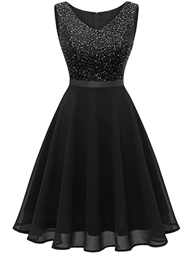 Dressystar Damen Pailletten Cocktailkleid V-Ausschnitt Jugendweihe Kleider Glitzer Festliche Abschlusskleid Partykleid Schwarz XS von Dressystar