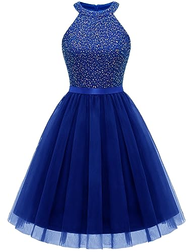 Dressystar Damen Pailletten Kleid Kurz Elegant Neckholder Cocktailkleid Abschlussballkleid Royalblau XL von Dressystar