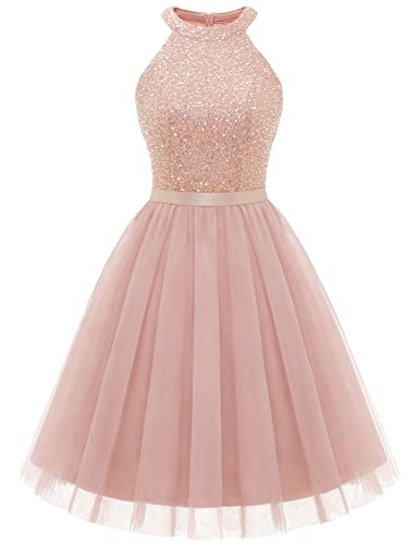 Dressystar Damen Paillettenkleid Kurz Tüll Cocktailkleid Partykleid Festlich Kleid Blush M von Dressystar