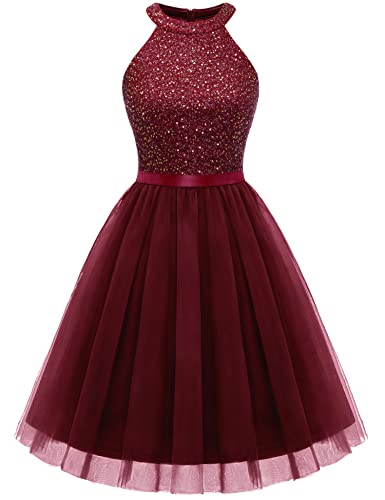 Dressystar Damen Paillettenkleid Kurz Tüll Cocktailkleid Partykleid Festlich Kleid Burgunderrot L von Dressystar