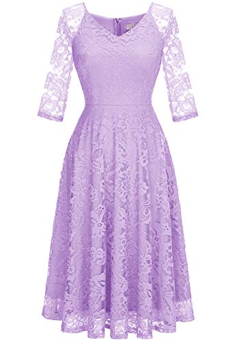 Dressystar Damen Romantisch Spitzenkleid 3/4 Ärmel Hochzeit Party Midi Abschlussball Kleider Lavendel XXL von Dressystar