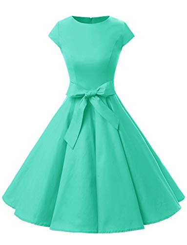 Dressystar Damen Vintage 50er Cap Sleeves Dot Einfarbig Rockabilly Swing Kleider Mint Blau L von Dressystar