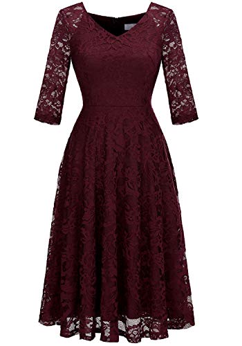 Dressystar Damen Spitzenkleid Brautjungfernkleider Elegant Party Hochzeit Cocktailkleid Ärmel Burgunderrot 3XL von Dressystar