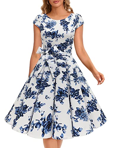 Dressystar Damen Vintage 50er Cap Sleeves Dot Einfarbig Rockabilly Swing Kleider Blaue und Weiße Blumen S von Dressystar