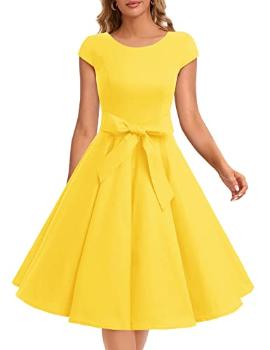 Dressystar Damen Vintage 50er Cap Sleeves Dot Einfarbig Rockabilly Swing Kleider Gelb XXL von Dressystar