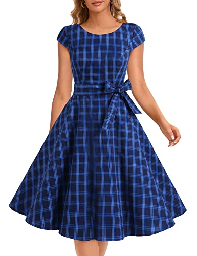 Dressystar Damen Vintage 50er Cap Sleeves Dot Einfarbig Rockabilly Swing Kleider Marineblau mit Karos M von Dressystar