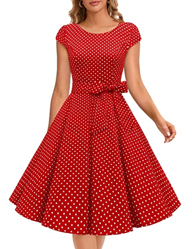 Dressystar Damen Vintage 50er Cap Sleeves Dot Einfarbig Rockabilly Swing Kleider Rot Weiß Dot A M von Dressystar