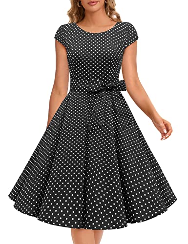 Dressystar Damen Vintage 50er Cap Sleeves Dot Einfarbig Rockabilly Swing Kleider Schwarz Weiß Dot A XS von Dressystar