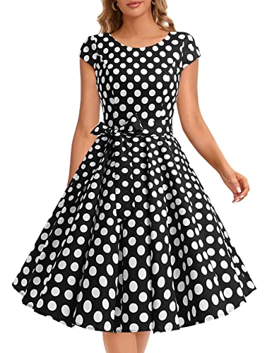 Dressystar Damen Vintage 50er Cap Sleeves Dot Einfarbig Rockabilly Swing Kleider Schwarz Weiß Dot B XS von Dressystar