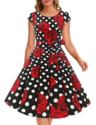 Dressystar 1956 Damen Vintage 50er Cap Sleeves Dot Einfarbig Rockabilly Swing Kleider Schwarz Weiß Rose XS von Dressystar