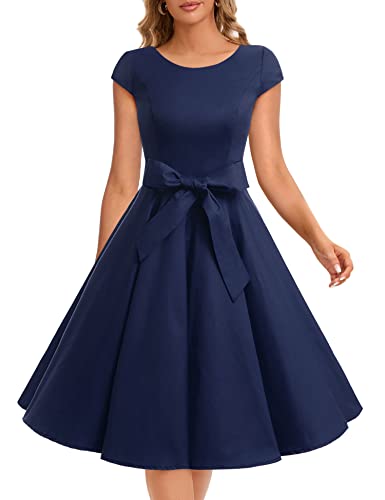 Dressystar Damen Vintage 50er Cap Sleeves Dot Einfarbig Rockabilly Swing Kleider XL Marineblau von Dressystar