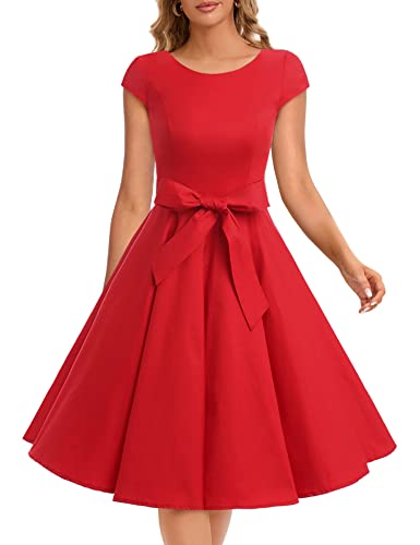 Dressystar Damen Vintage 50er Cap Sleeves Dot Einfarbig Rockabilly Swing Kleider XXL Rot von Dressystar