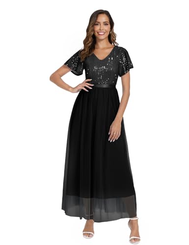 Dressystar Damen Vintage Ballkleid Abendkleid Kurzarm Cocktailkleid Pailletten Tüll Festlich Party Kleid Schwarz M von Dressystar