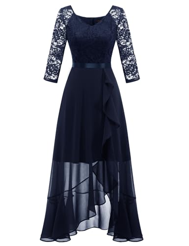 Dressystar Damen Vokuhila Abendkleid Elegant 3/4 Ärmel Cocktailkleider V-Ausschnitt Kleid Hochzeit Brautjungfernkleider Lang Marineblau L von Dressystar