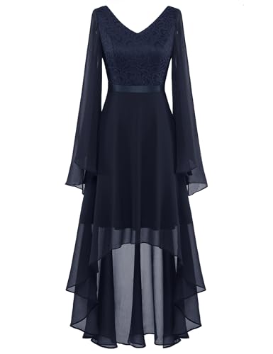 Dressystar Damen Vokuhila Abendkleider Elegant für Hochzeit Brautjungfernkleider Lang mit Ärmeln Marineblau L von Dressystar